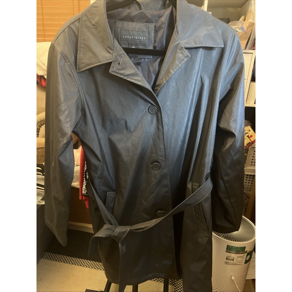 Relativity Womens Sz M Dk Grey Polyurethane, Button Up Midi Trench Coat EUC